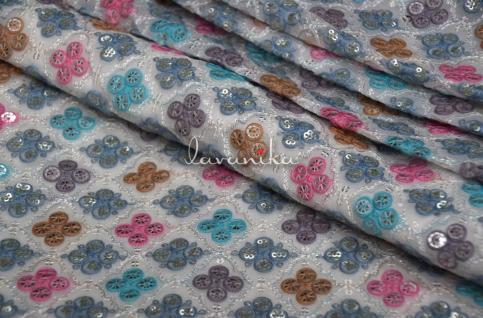 150 Grams Multi Color (PAGM) Thread and Sequins Embroidery on Dyeable Viscose Georegtte Fabric 44inch
